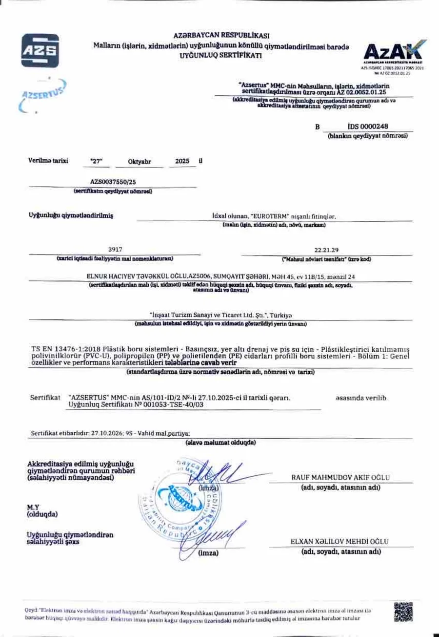 Azerbaycan Cumhuriyeti uygunluk sertifikasının (EUROTERM fitingler, AZS0037550/25) ön izlemesi