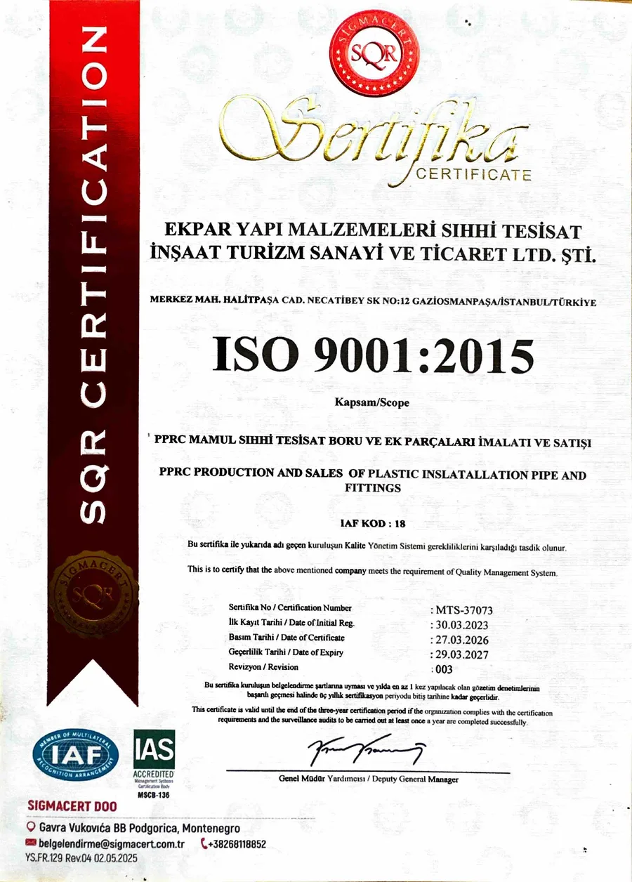 Ekpar Yapı Malzemeleri ISO 9001:2015 Kalite Yönetim Sistemi sertifikasının ön izlemesi