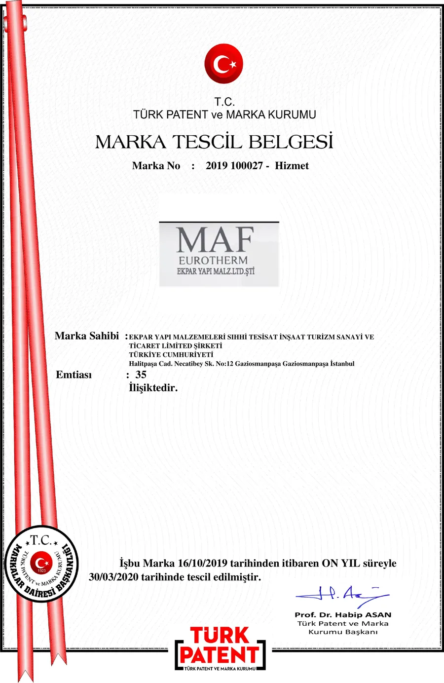 MAF EUROTHERM marka tescil belgesinin (2019) ön izlemesi